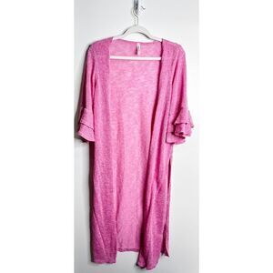 Emerald Sweater Womens Long Knit Cardigan Pink Ruffle Detail‎ Size Large